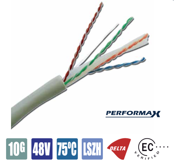 Cable de red Lanpro Performax. Sin blindar CAT 6A U/UTP con chaqueta color gris tipo LSZH con baja emisión de humo y cero halógenos.