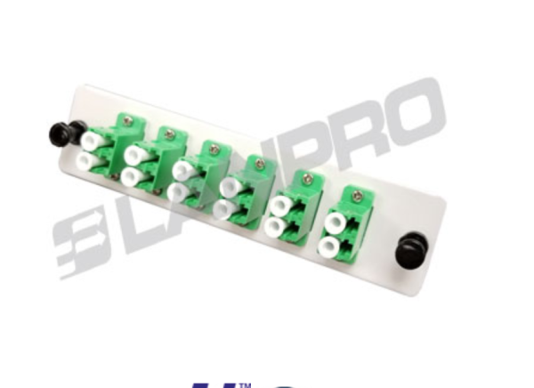 Panel adaptador tipo módulo UniFiber™ cargado con 6 piezas de adaptadores LC, Monomodo Duplex, APC, color verde (12 núcleos)